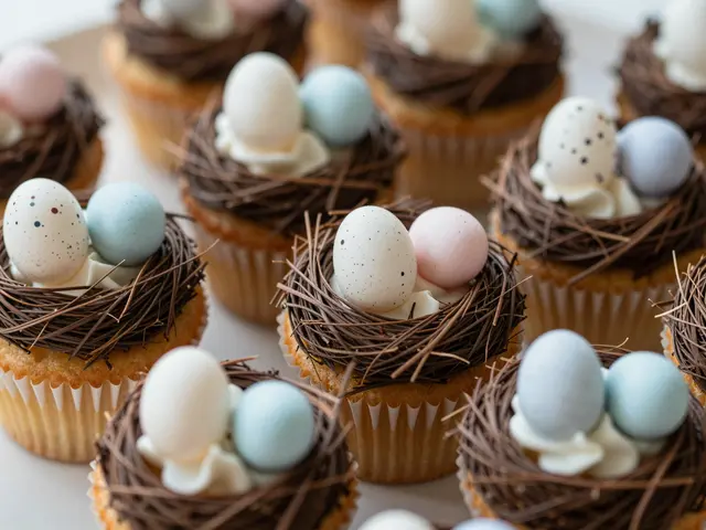 Close-up of decorated coconut nest cupcakes topped with pastel speckled candy Easter eggs arranged on a light surface