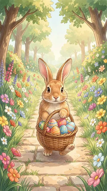 A brown rabbit carries a basket of decorated Easter eggs along a sunlit flowery stone lane