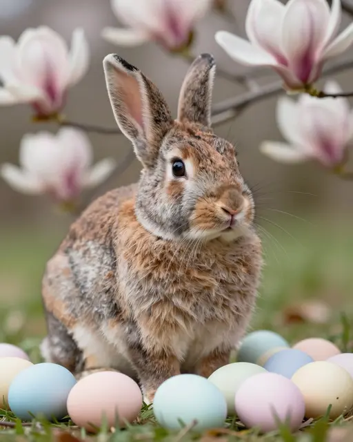 A brown rabbit sits on grass surrounded by pastel Easter eggs beneath flowering magnolia branches