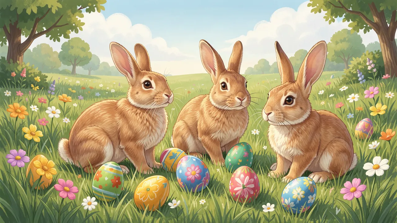 Three brown rabbits sit among decorated Easter eggs in a sunlit wildflower meadow.