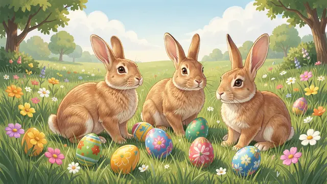 Three brown rabbits sit among decorated Easter eggs in a sunlit wildflower meadow.