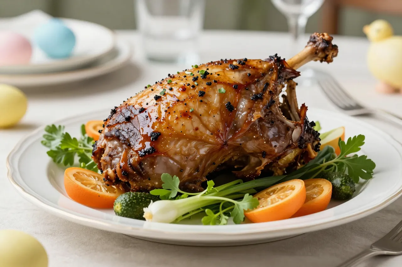 Glazed roast lamb garnished with spring produce sits on a decorated Easter dining table