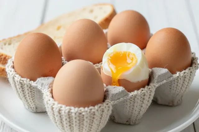 Knitted egg cozies hold brown eggs including one runny yolk soft-boiled egg next to sliced toast on a white plate
