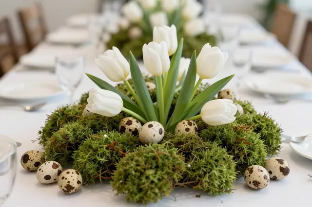 Close-up of an Easter centerpiece with moss, quail eggs, and white tulips arranged on a long dining table.
