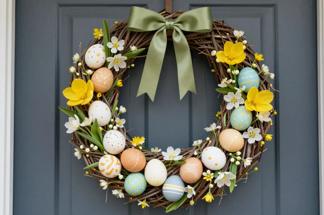 Decorative Easter wreath with painted eggs, spring flowers and a sage bow hangs on a dark gray paneled door
