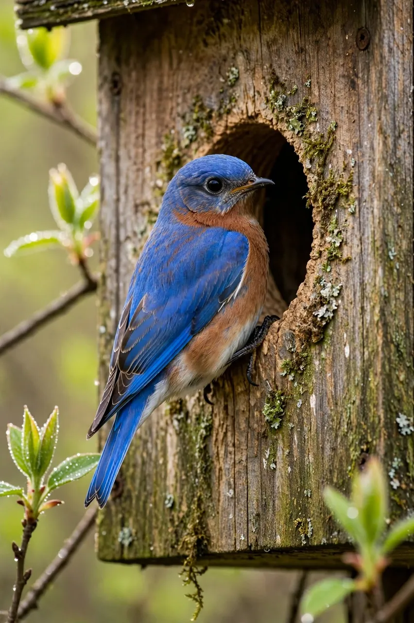 A male eastern bluebird clings to the entrance of a weathered mossy wooden nest box on a dewy spring morning.
