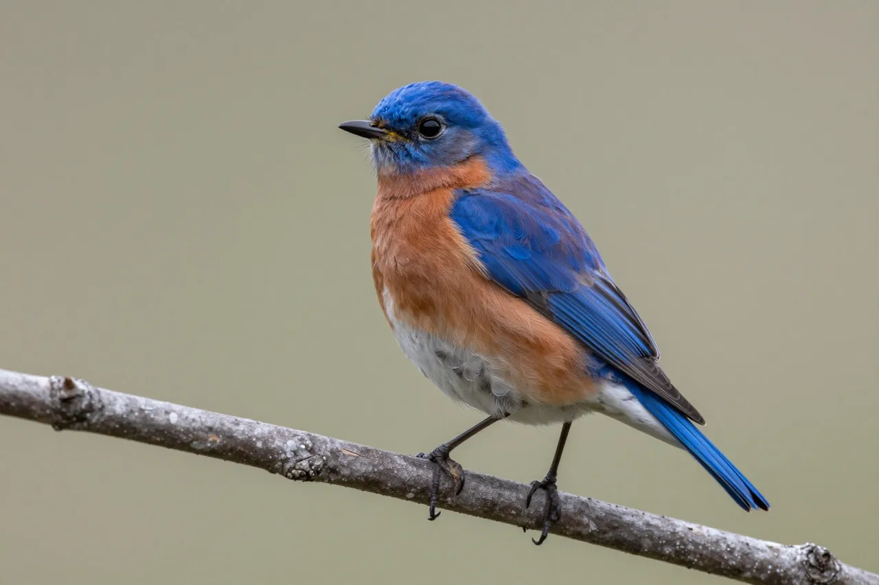 A vivid eastern bluebird with blue plumage and orange chest perches on a thin textured branch