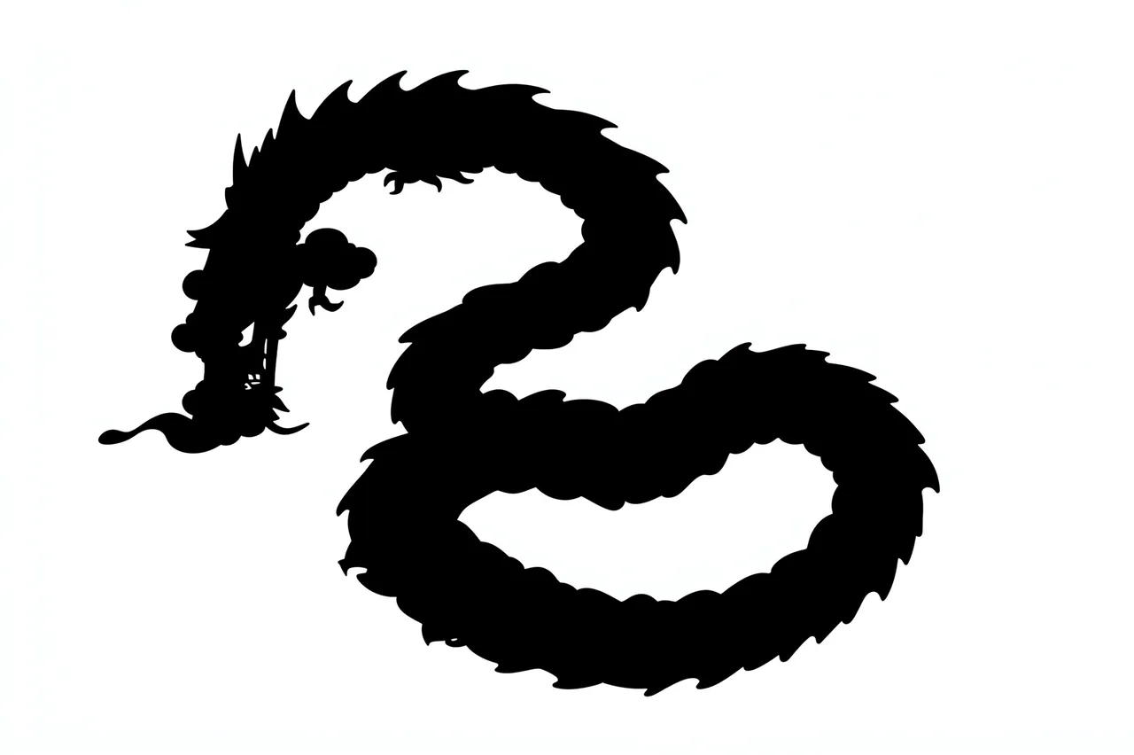 Solid black coiling eastern dragon silhouette set against a plain white background