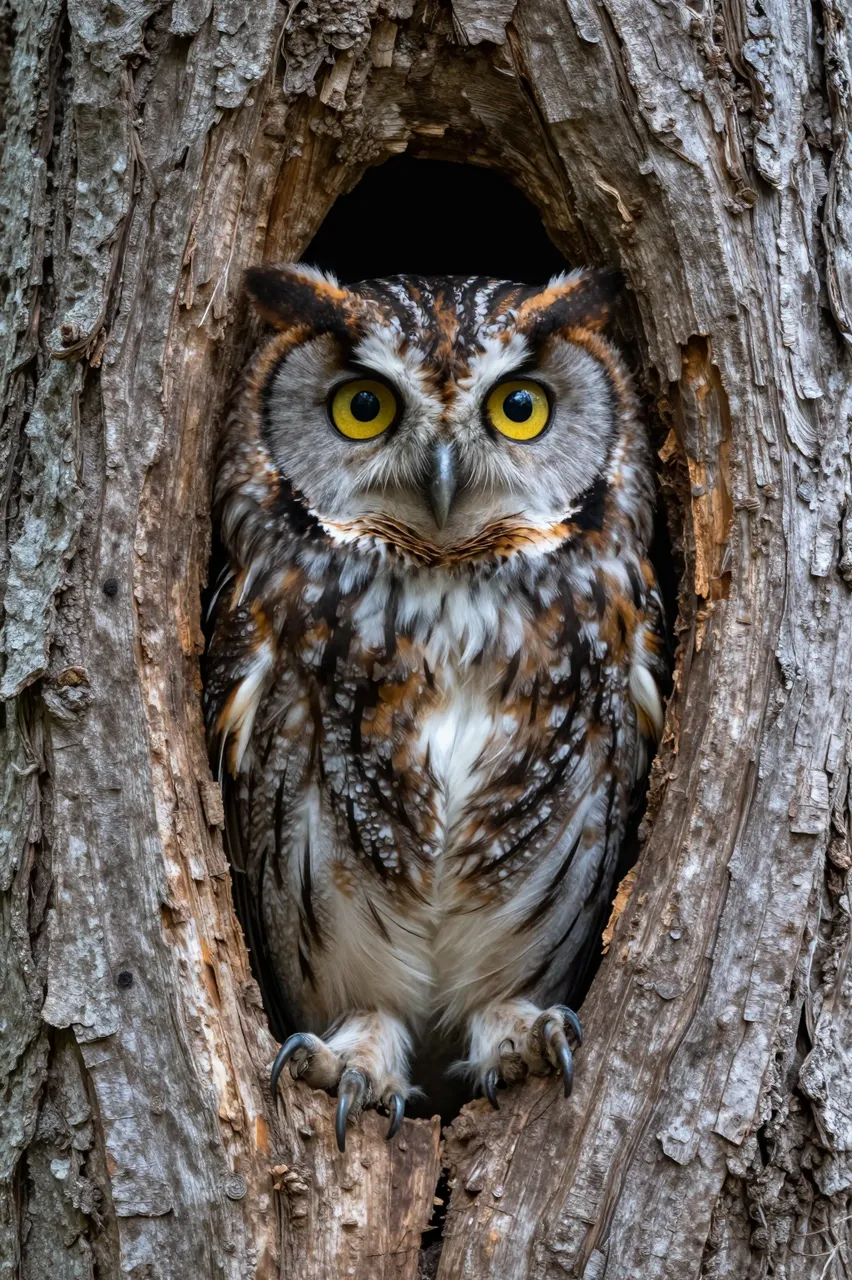 An eastern screech owl sits alert, peeking directly out from a weathered tree hollow