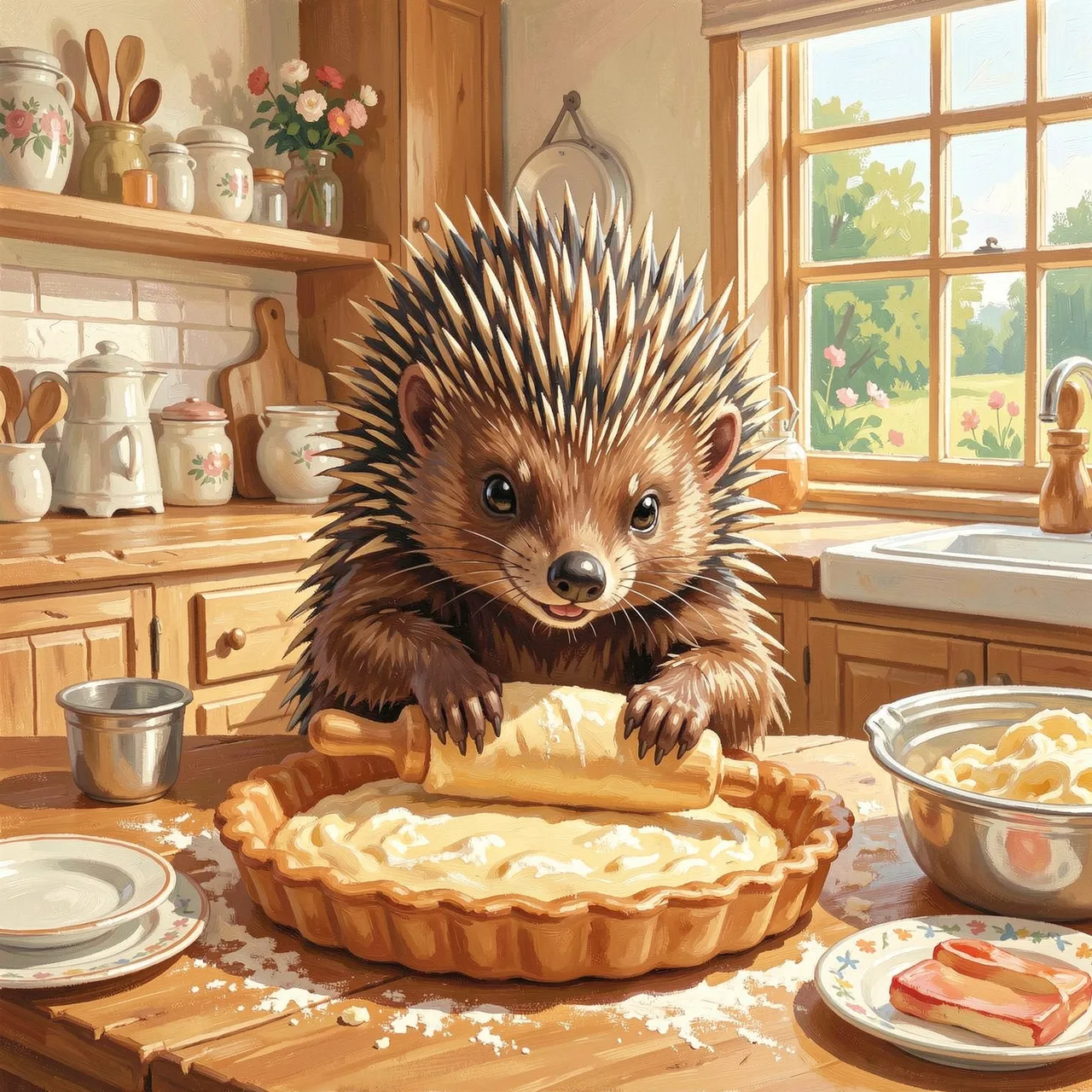 A cute spiky echidna rolls out pastry with a rolling pin in a sunny farmhouse kitchen