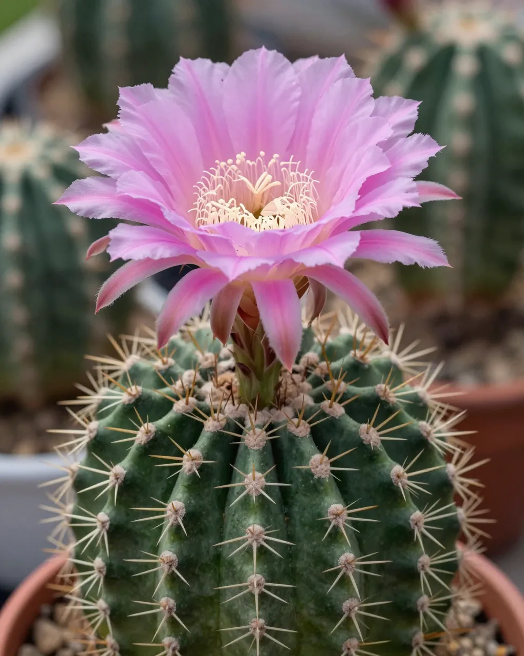 A potted echinopsis cactus displays a large, vibrant pink funnel-shaped flower.