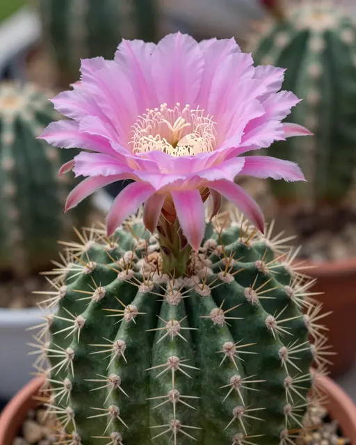 A potted echinopsis cactus displays a large, vibrant pink funnel-shaped flower.