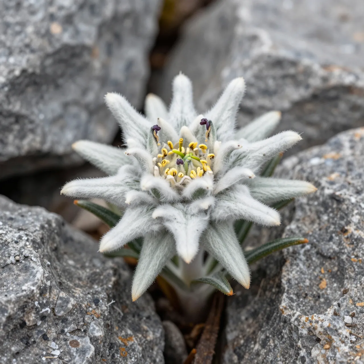 Close-up of a fuzzy edelweiss flower growing between rough gray alpine rocks.