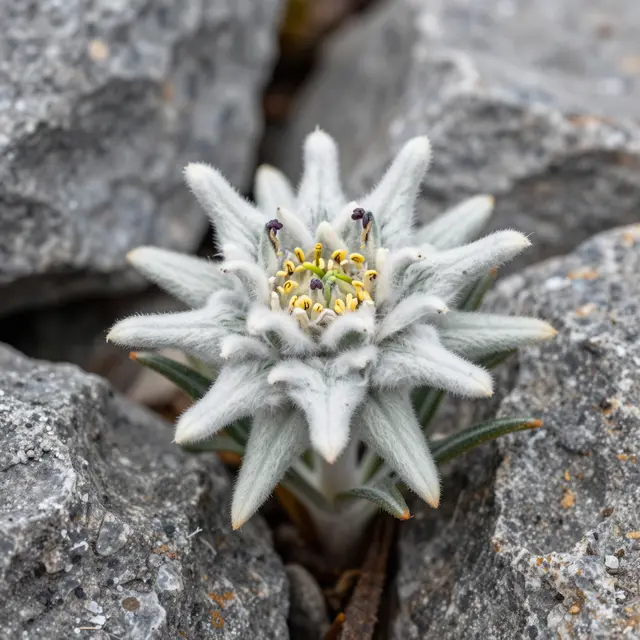 Close-up of a fuzzy edelweiss flower growing between rough gray alpine rocks.