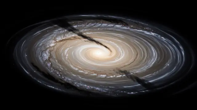 A rendered spiral galaxy with bright central core and dark interstellar dust lanes set against deep black space