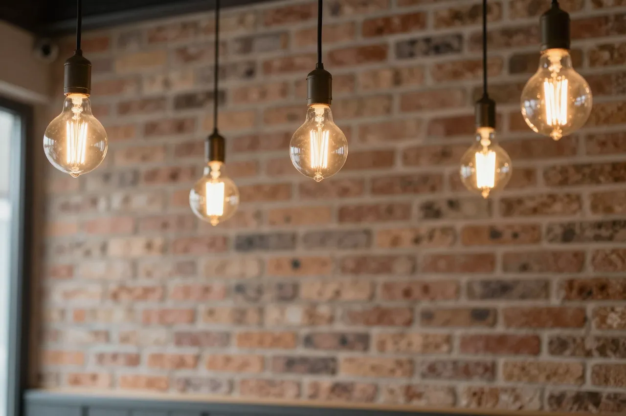 Five hanging lit filament pendant bulbs in front of a textured exposed brick restaurant wall