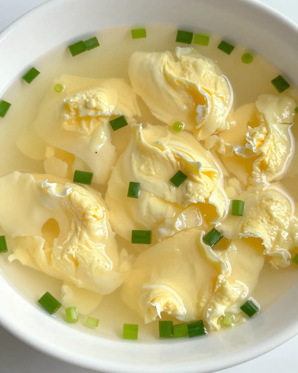 Close-up view of egg drop soup with thick cooked egg chunks and diced green scallions in a white ceramic bowl.