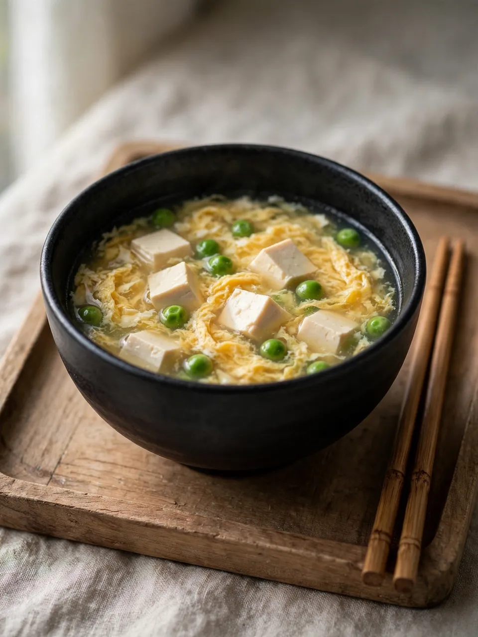 Black ceramic bowl of egg drop soup with tofu and peas sits on a wooden tray next to chopsticks