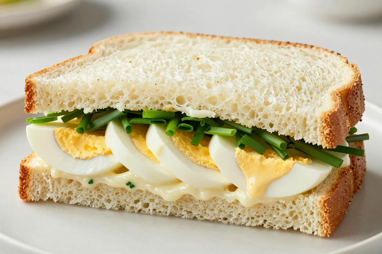 A close-up of a halved egg sandwich with sliced hard-boiled egg, creamy filling, and fresh chives on soft white bread
