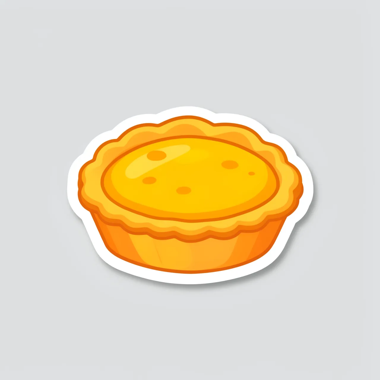 A flat cute illustrated egg tart sticker with a thick white border sits on a plain light gray background