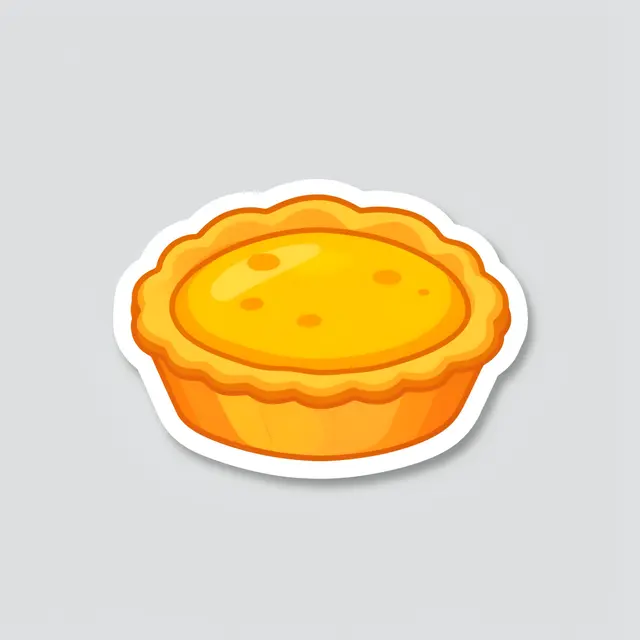 A flat cute illustrated egg tart sticker with a thick white border sits on a plain light gray background