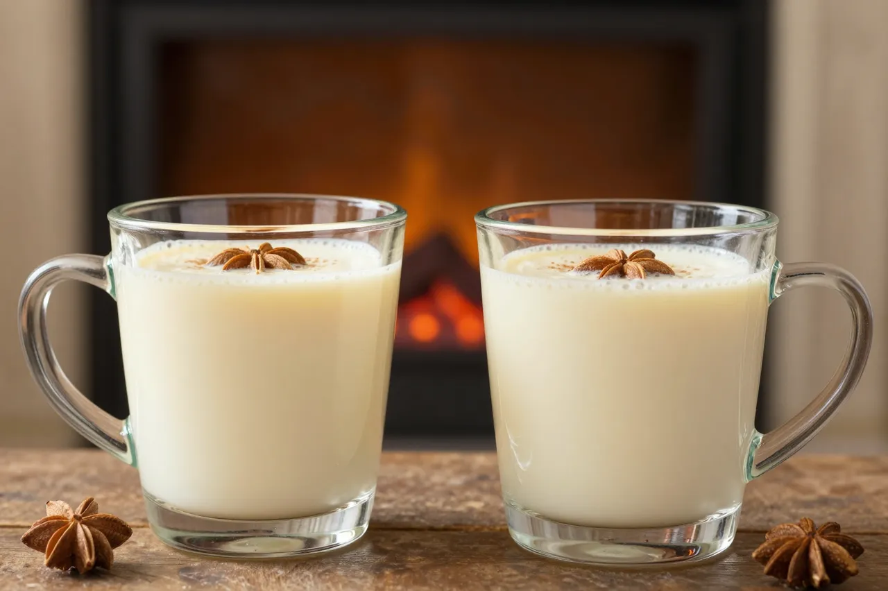 Two glass mugs of creamy eggnog topped with star anise sit on a wooden table in front of a glowing fireplace