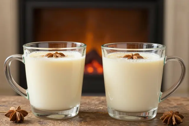 Two glass mugs of creamy eggnog topped with star anise sit on a wooden table in front of a glowing fireplace