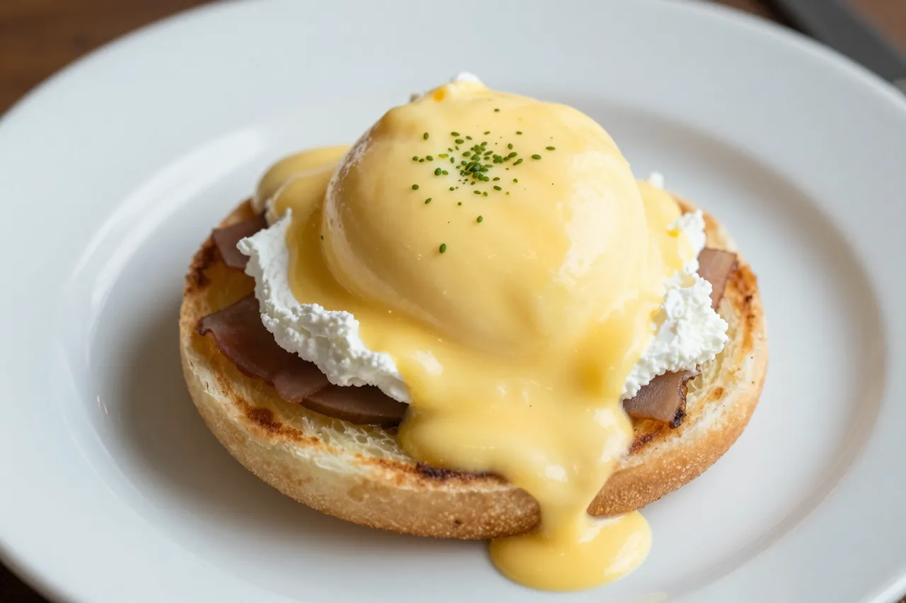 A close-up of eggs benedict drizzled with hollandaise sauce and garnished with chives on a white plate