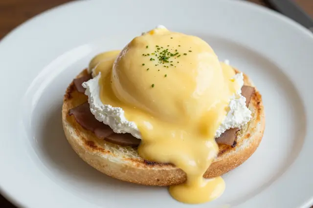 A close-up of eggs benedict drizzled with hollandaise sauce and garnished with chives on a white plate