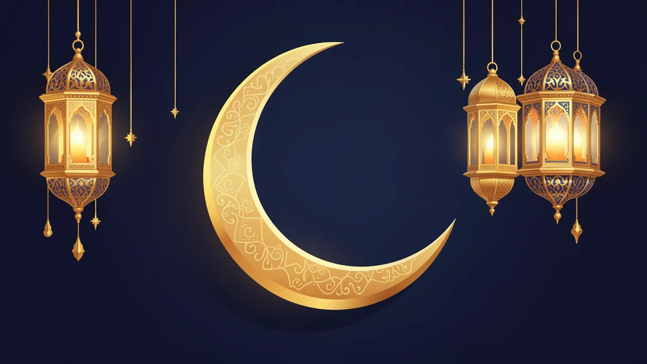 Ornate golden crescent moon flanked by glowing hanging lanterns against a dark navy background
