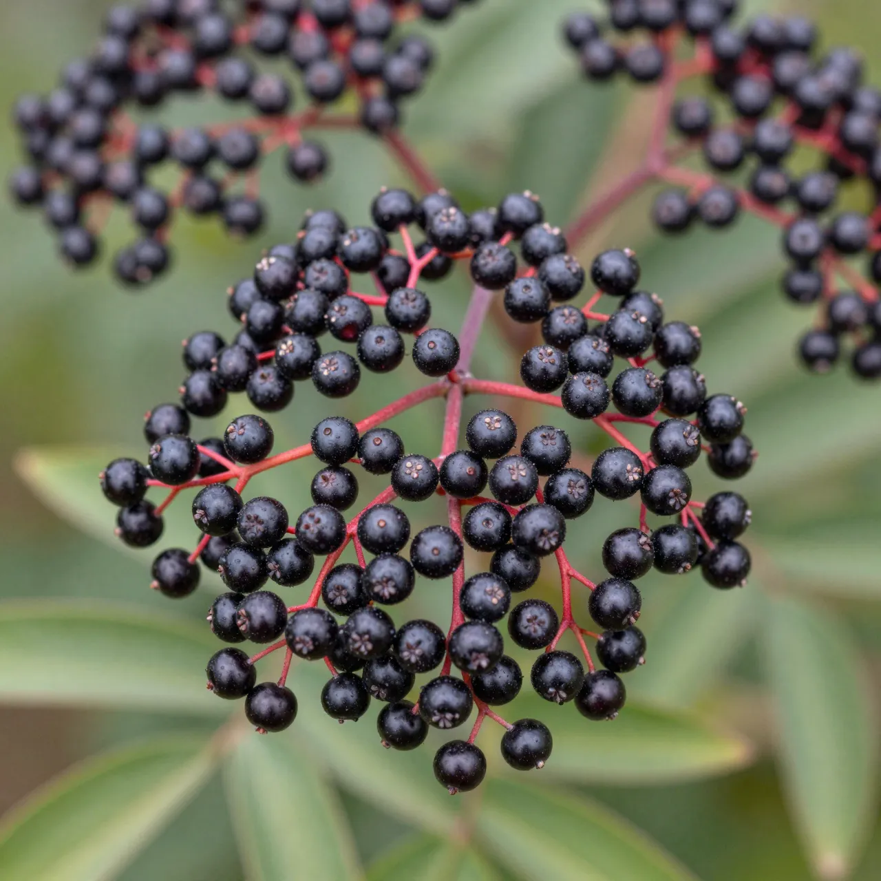 Close up of ripe dark elderberry clusters growing on thin red stems against blurred green foliage.