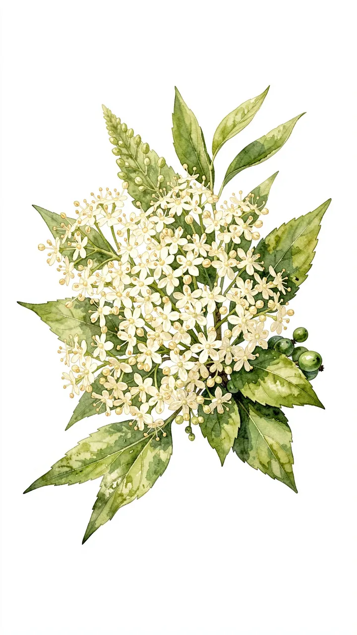 Watercolor illustration of creamy elderflower heads, green leaves, and unripe berries against a plain white background
