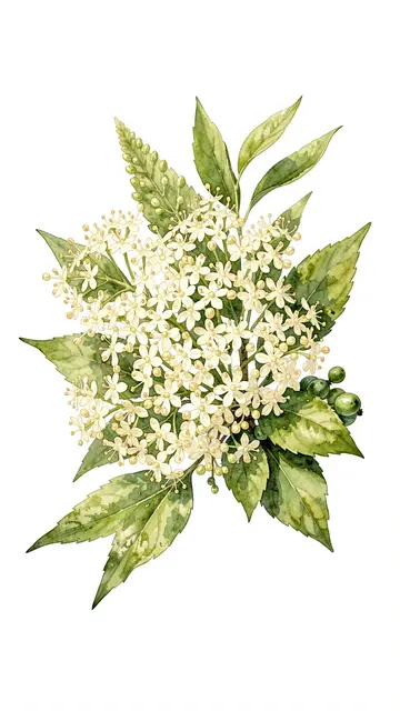 Watercolor illustration of creamy elderflower heads, green leaves, and unripe berries against a plain white background