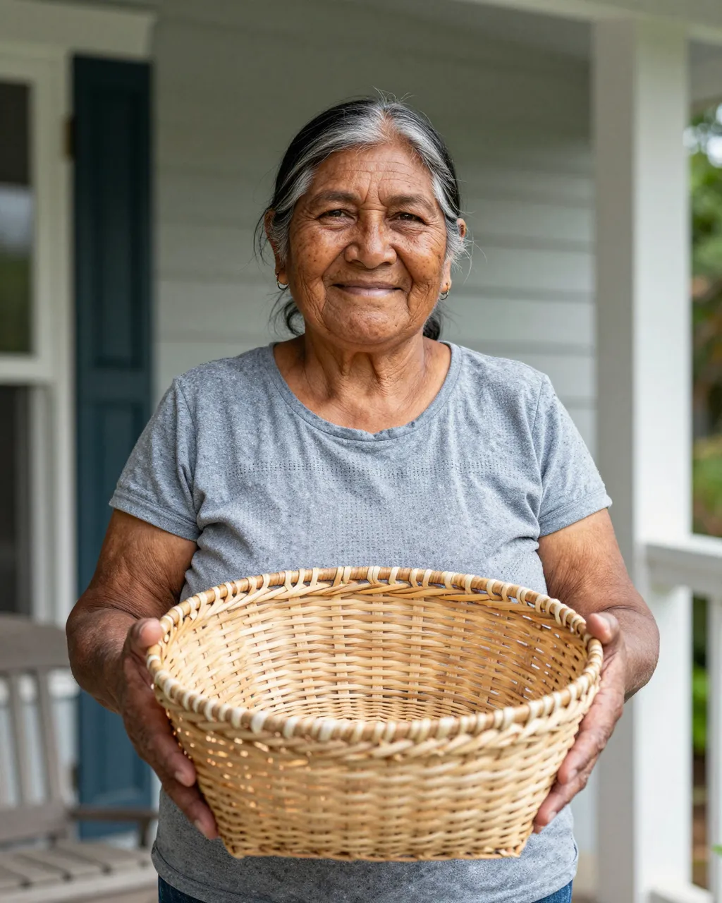 Smiling senior Indigenous woman holds a handwoven basket on a sunny home porch