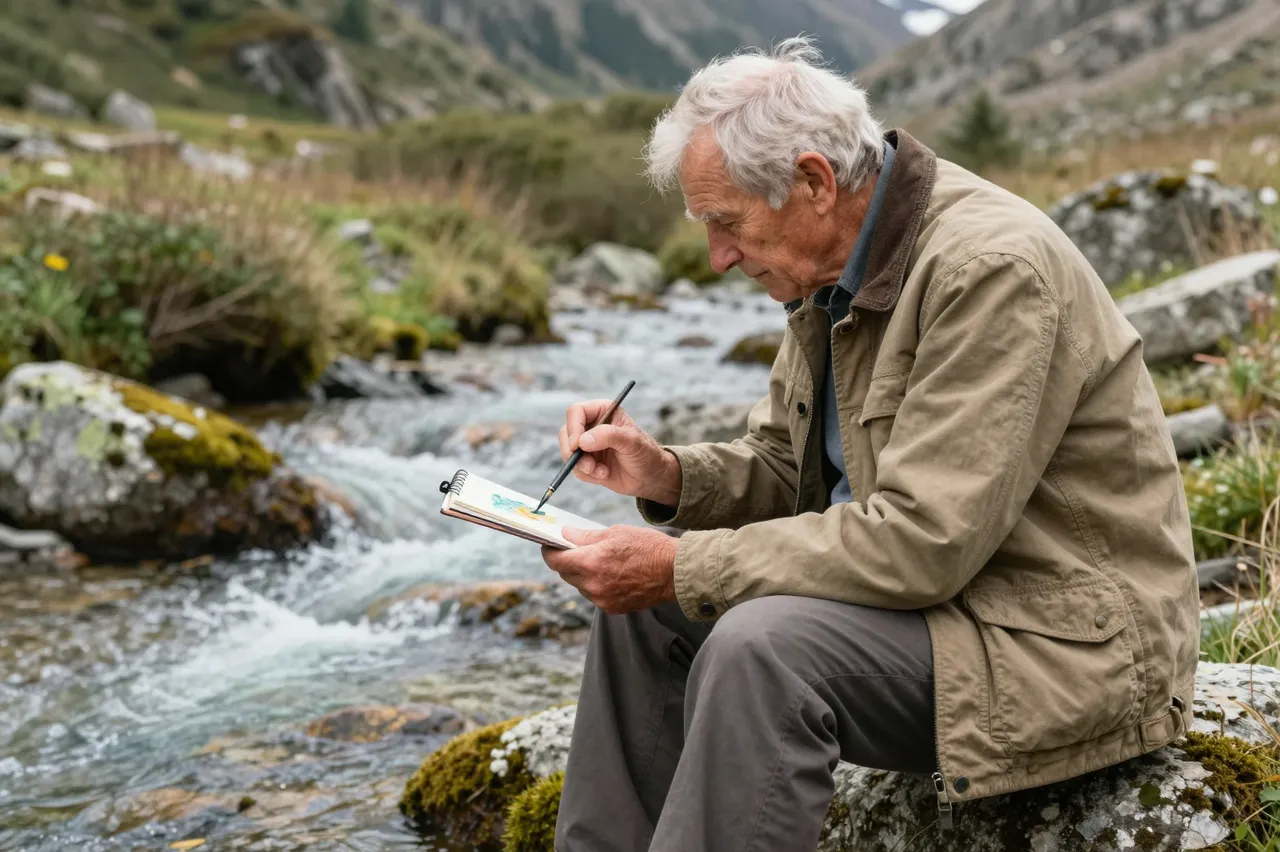 An elderly white man sits on a mossy rock painting a mountain stream in a small watercolor sketchbook.