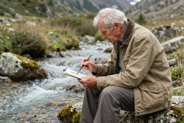 An elderly white man sits on a mossy rock painting a mountain stream in a small watercolor sketchbook.