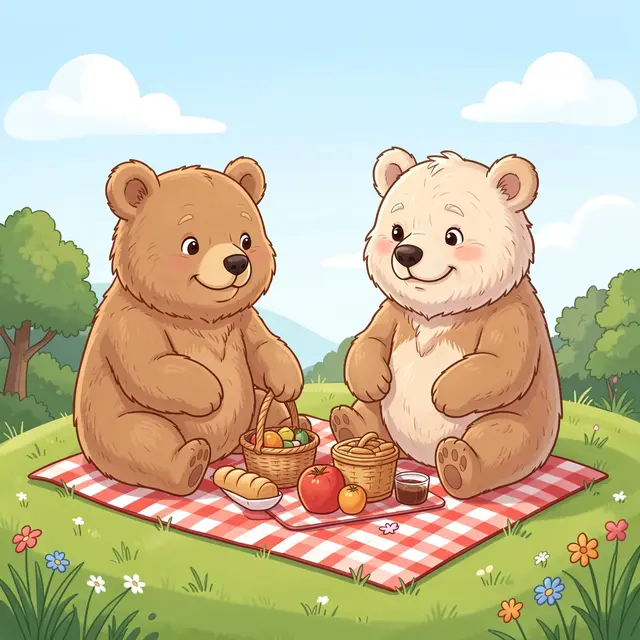 Two friendly elderly bears sit together on a checkered picnic blanket atop a flowery grassy hill with picnic food between