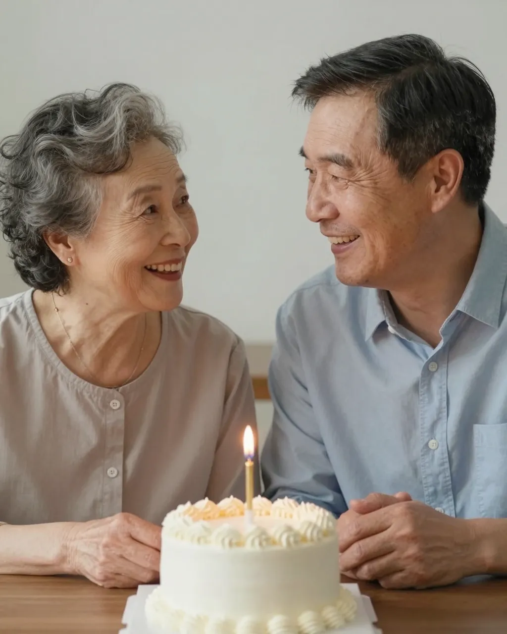 Two smiling older people look at each other across a small lit cake on a wooden table