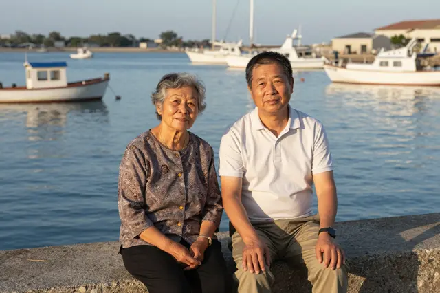 Two older people sit on a concrete harbor wall overlooking calm water and moored boats during warm golden hour light.