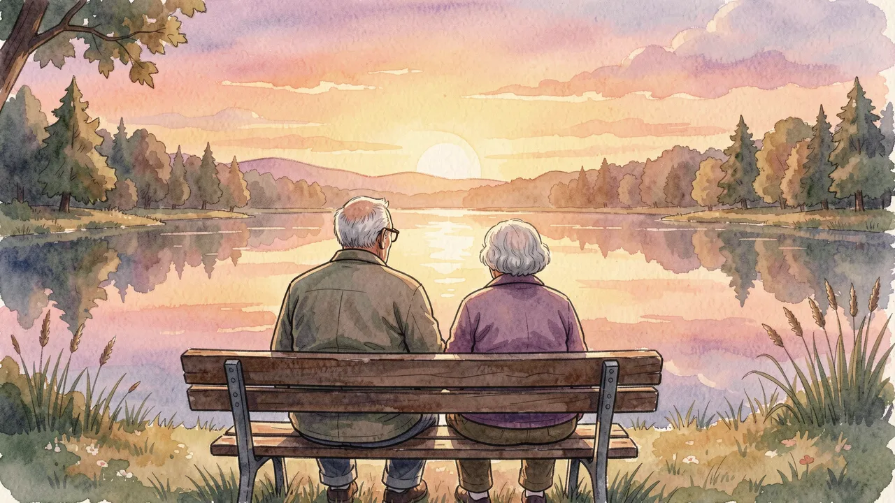 Back view of an elderly couple sitting on a bench overlooking a calm lake at warm sunset