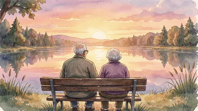 Back view of an elderly couple sitting on a bench overlooking a calm lake at warm sunset