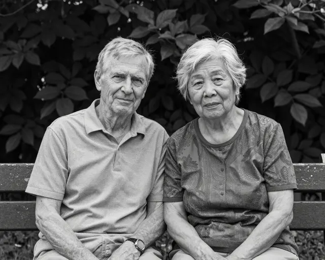 Black and white portrait of an older white man and older East Asian woman sitting side by side on a wooden garden bench in