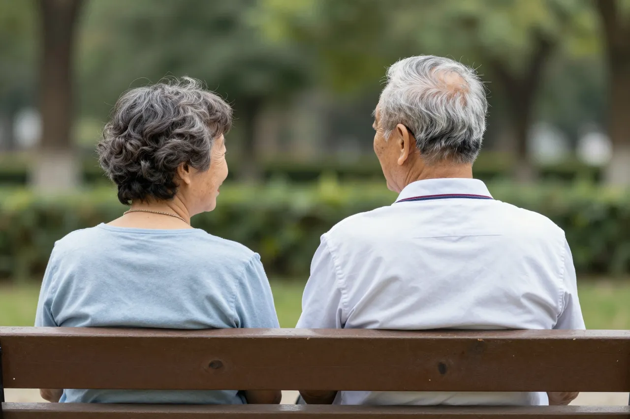 Seen from behind, an elderly couple sits side by side on a wooden park bench looking out over green park grounds.