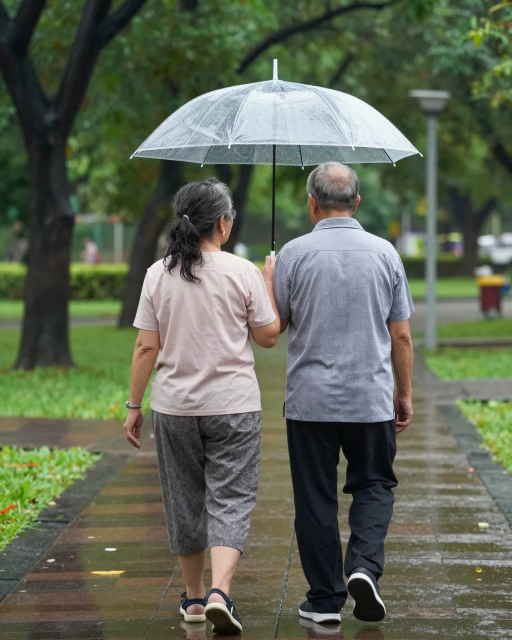 Back view of an older couple walking together under a clear umbrella on a wet park path during rain