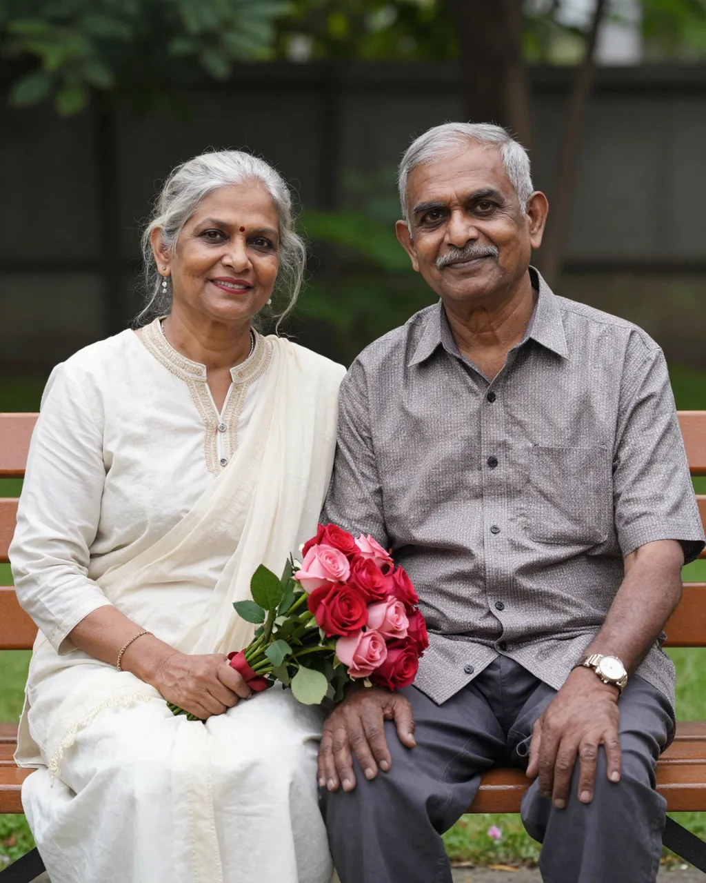 Senior South Asian couple sitting together on a garden bench holding a rose bouquet