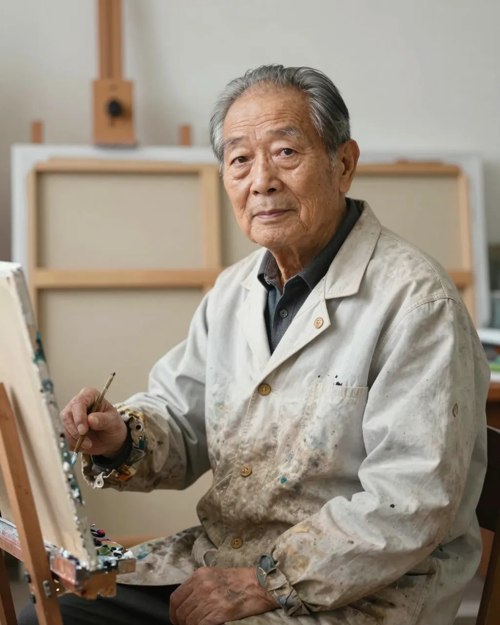 Senior East Asian painter in a paint-splattered smock holds a brush at his sunlit studio easel.