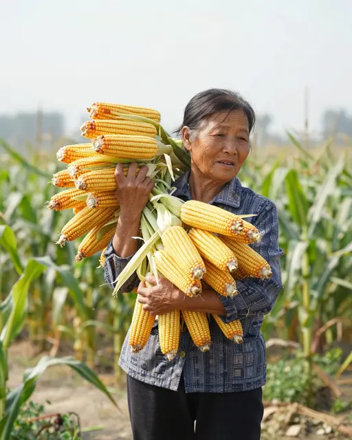 East Asian elderly woman carries an armful of harvested corn cobs in a sunlit farm field