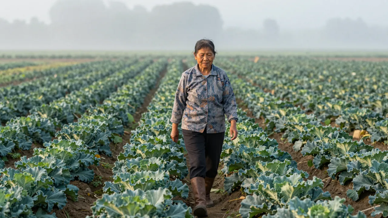 Senior Southeast Asian woman farmer walks between rows of leafy crops in a misty dawn field