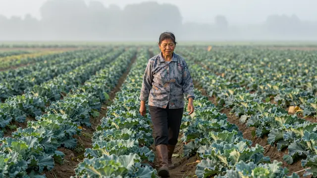 Senior Southeast Asian woman farmer walks between rows of leafy crops in a misty dawn field