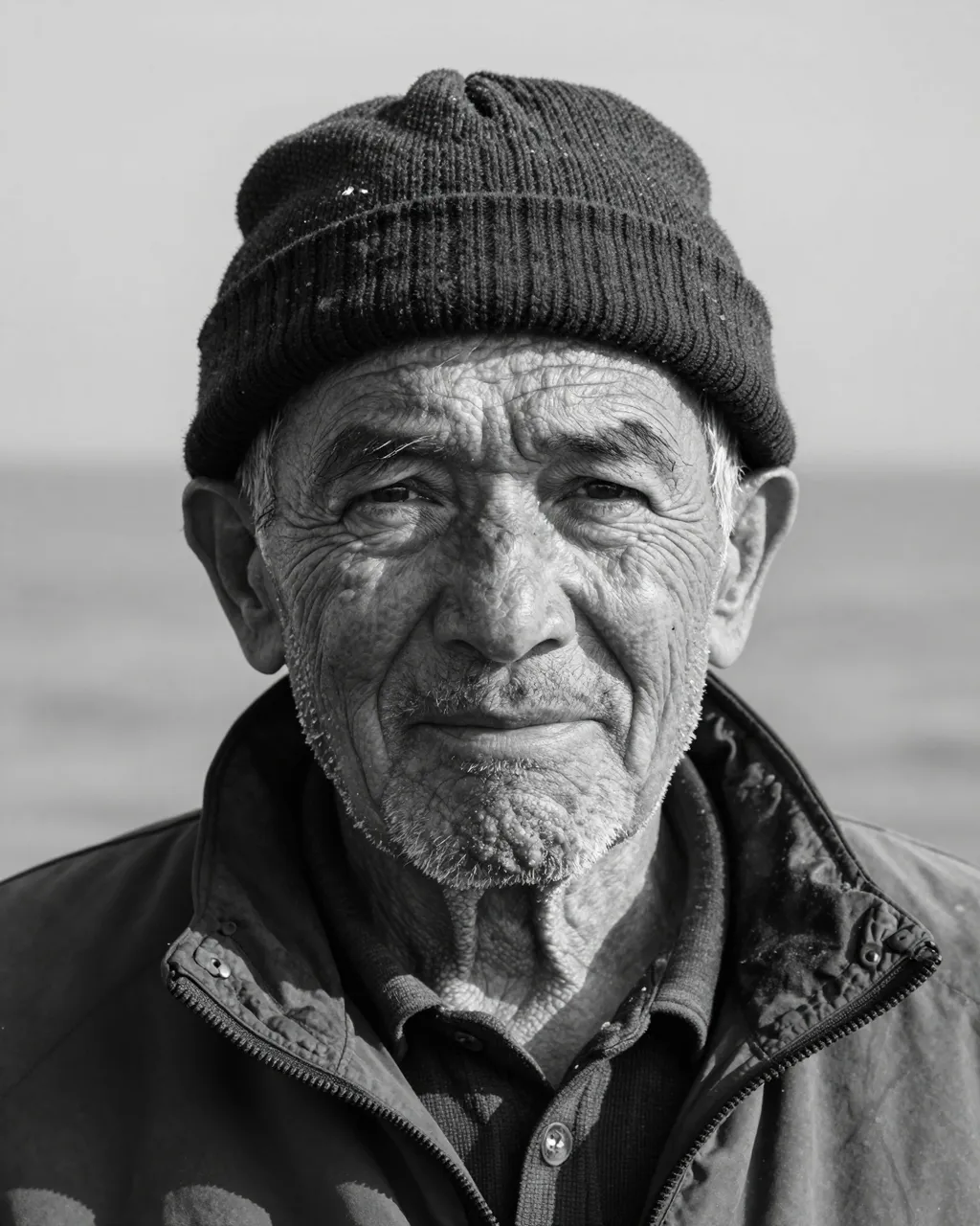 Close-up black and white portrait of an elderly weathered fisherman wearing a knit wool cap and jacket near calm water